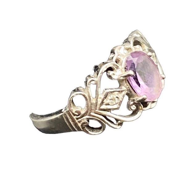 Sterling silver 925 oval amethyst two small side czs scroll band size 7.75 - Picture 4 of 8
